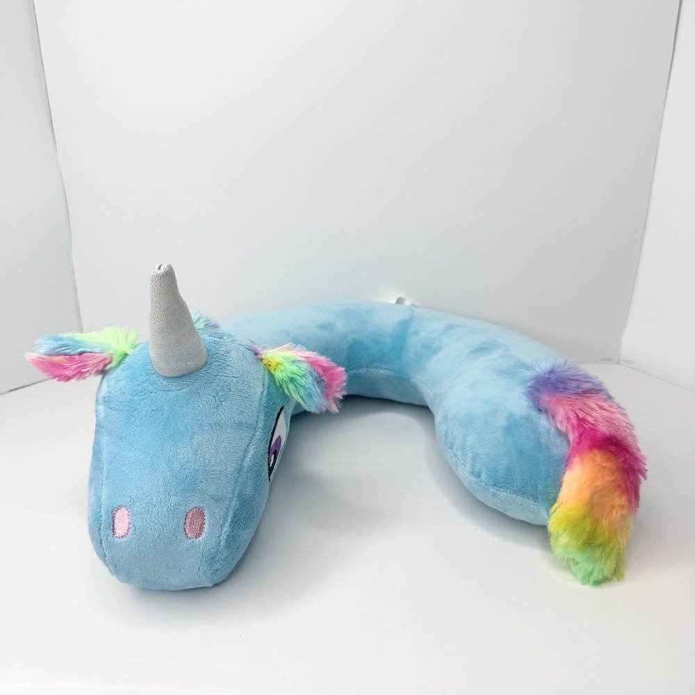 Travel Time Kids Plush Unicorn Neck Travel Pillow Blue Rainbow Fuzzy Ears Tail